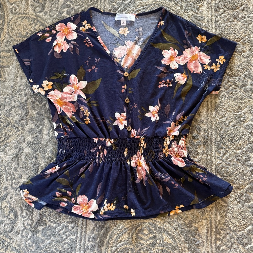 Blue and Orange Smocked Peplum Blouse